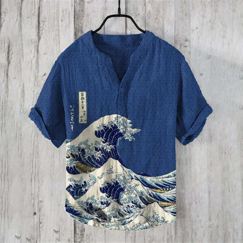 Hawaiian Fish Print Linen Shirt - Unisex Short Sleeve V-Neck