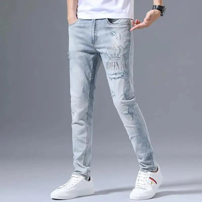 Men's Embroidered Slim Fit Denim Jeans - Stretch Ripped Design