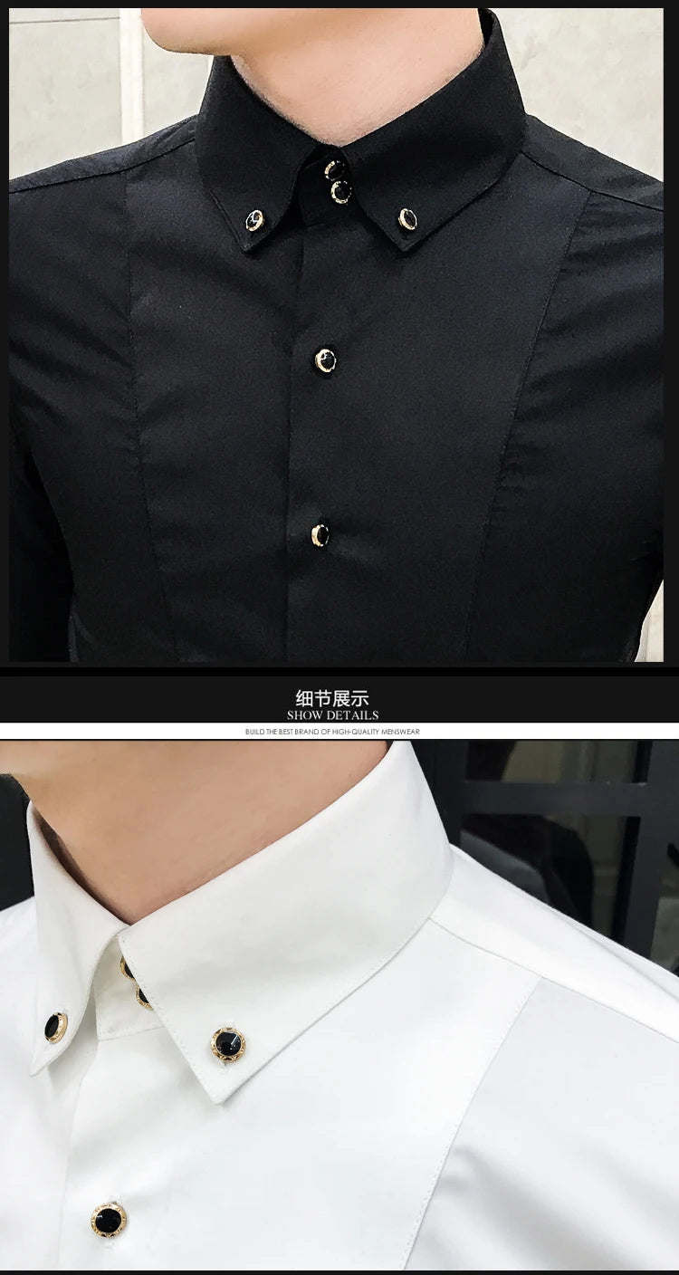 Men's Shirts Luxury Brand New Long Sleeve Elegant Shirts for Men Clothing Slim Fit Casual Mens Dress Shirts Formal Black/White
