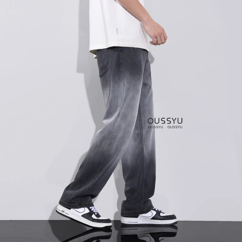 Men's Gradient Grey Loose Fit Jeans - Lyocell Fabric Wide Leg Pants