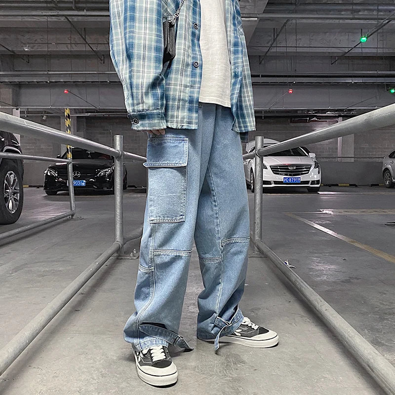 Men's Wide Leg Denim Jeans - Loose Fit Hip Hop Streetwear Pants
