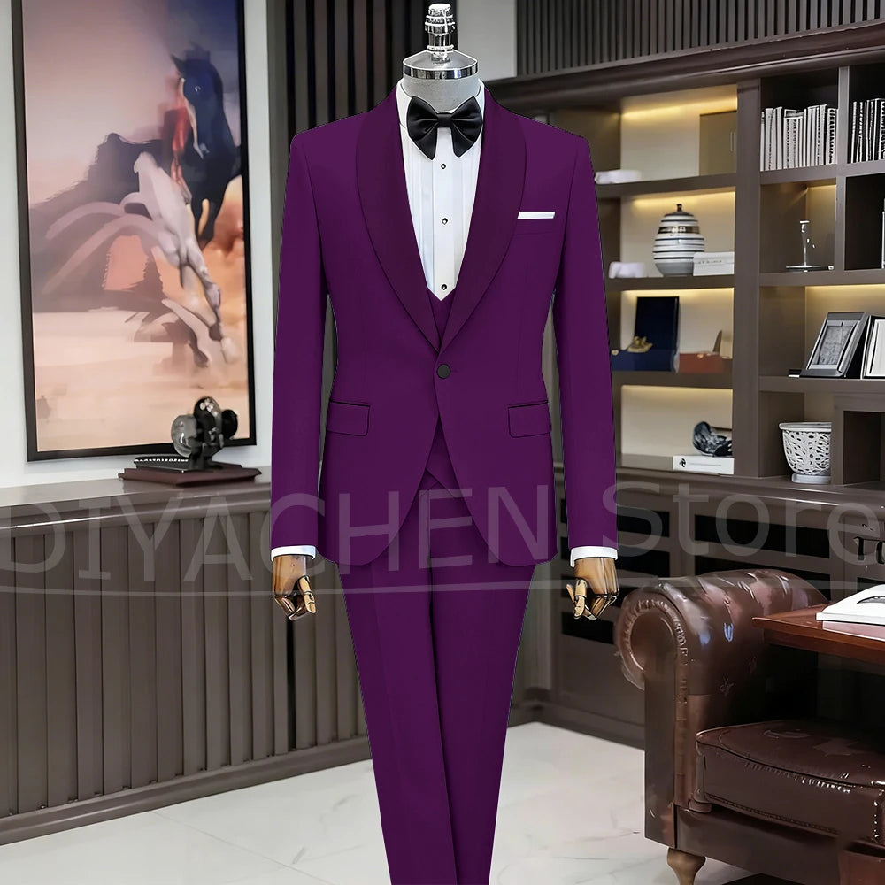 Black Suits for Men Elegant Shawl Lapel One Button Male Suit Slim (Jacket+Vest+Pants) Banquet Prom Wedding Party Tuxedo 3 Piece