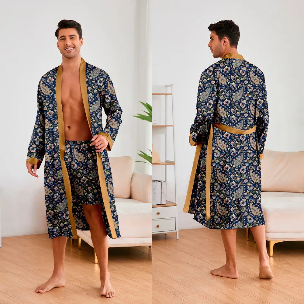 Men's Kimono Bathrobe Set - Luxury Ice Silk Robe & Pajamas