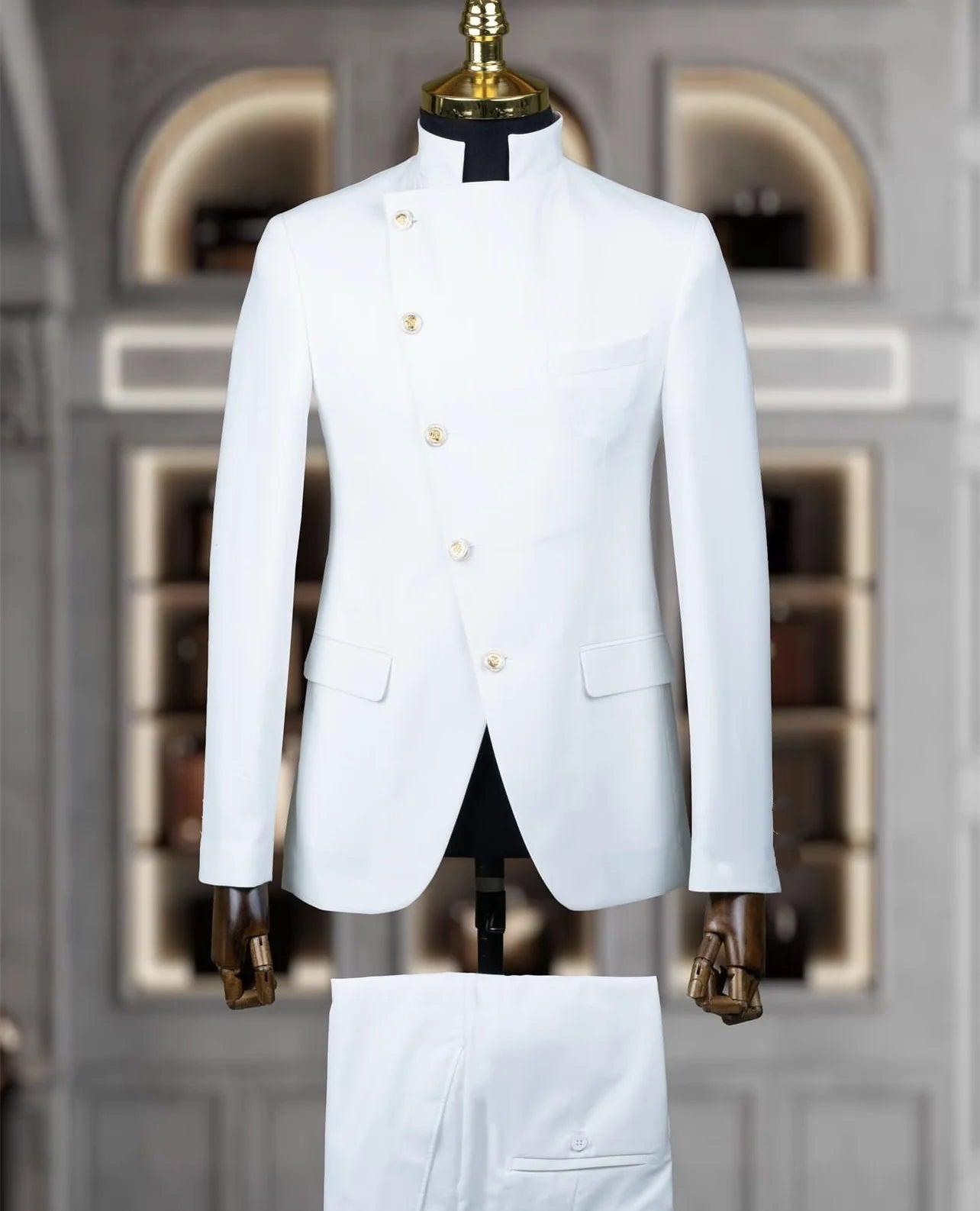 Men's East Style Slant-Breasted Slim Fit Suit Formal Indian Middle Stand-Up Collar