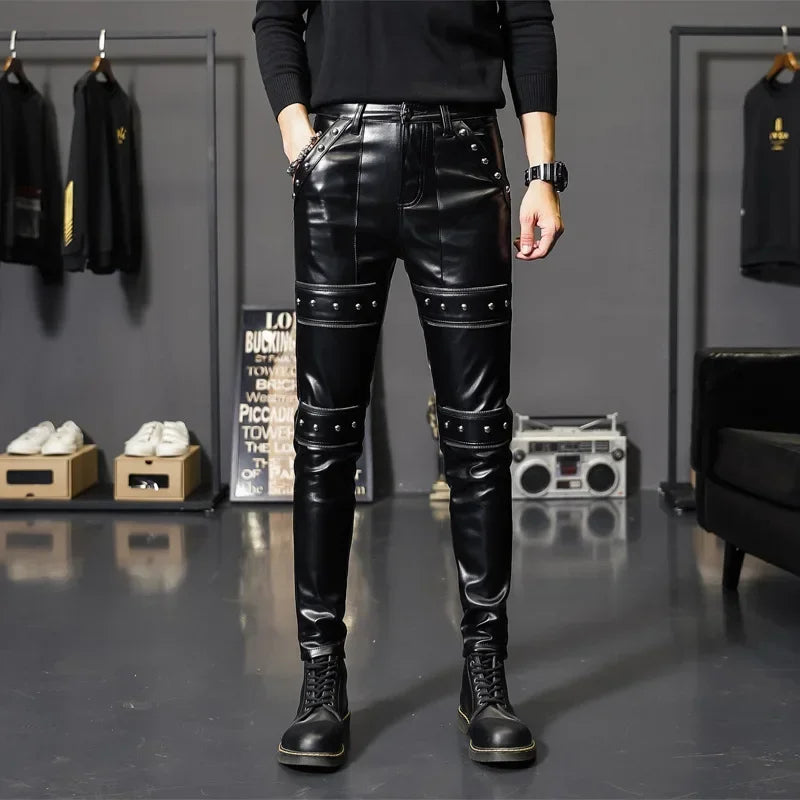 Men's Faux Leather Biker Pants - Slim Fit Motorcycle Trousers