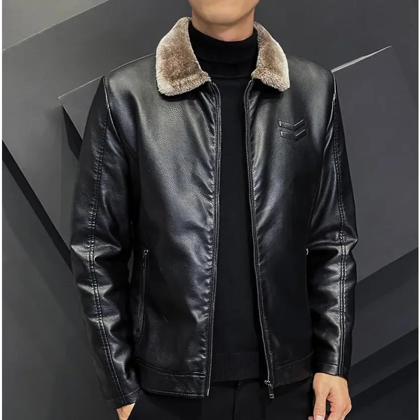 Men's Faux Leather Jacket - Fleece Lined Winter Coat