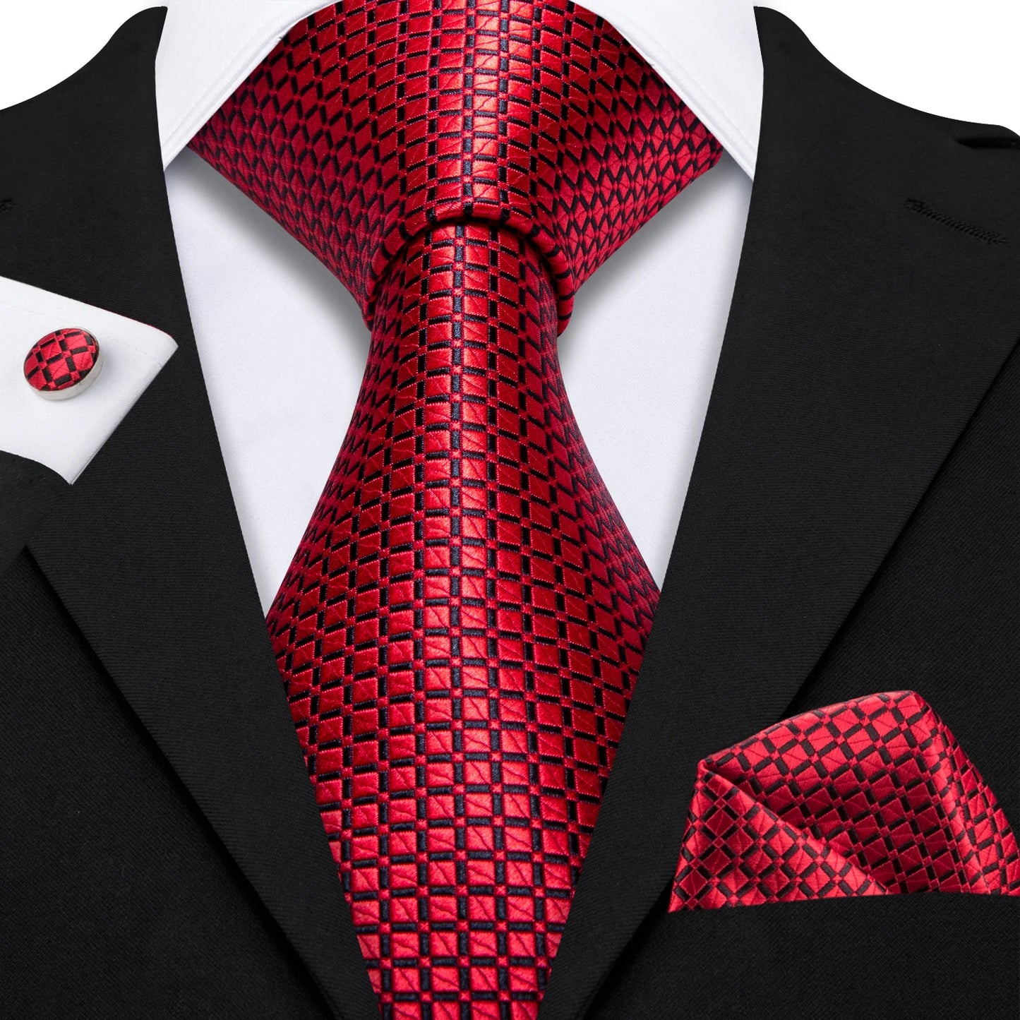Barry.Wang Red Silk Mens Tie Hanky Cufflinks Set Burgundy Maroon Scarlet Carmine Rose Jacquard Necktie For Male Wedding Party