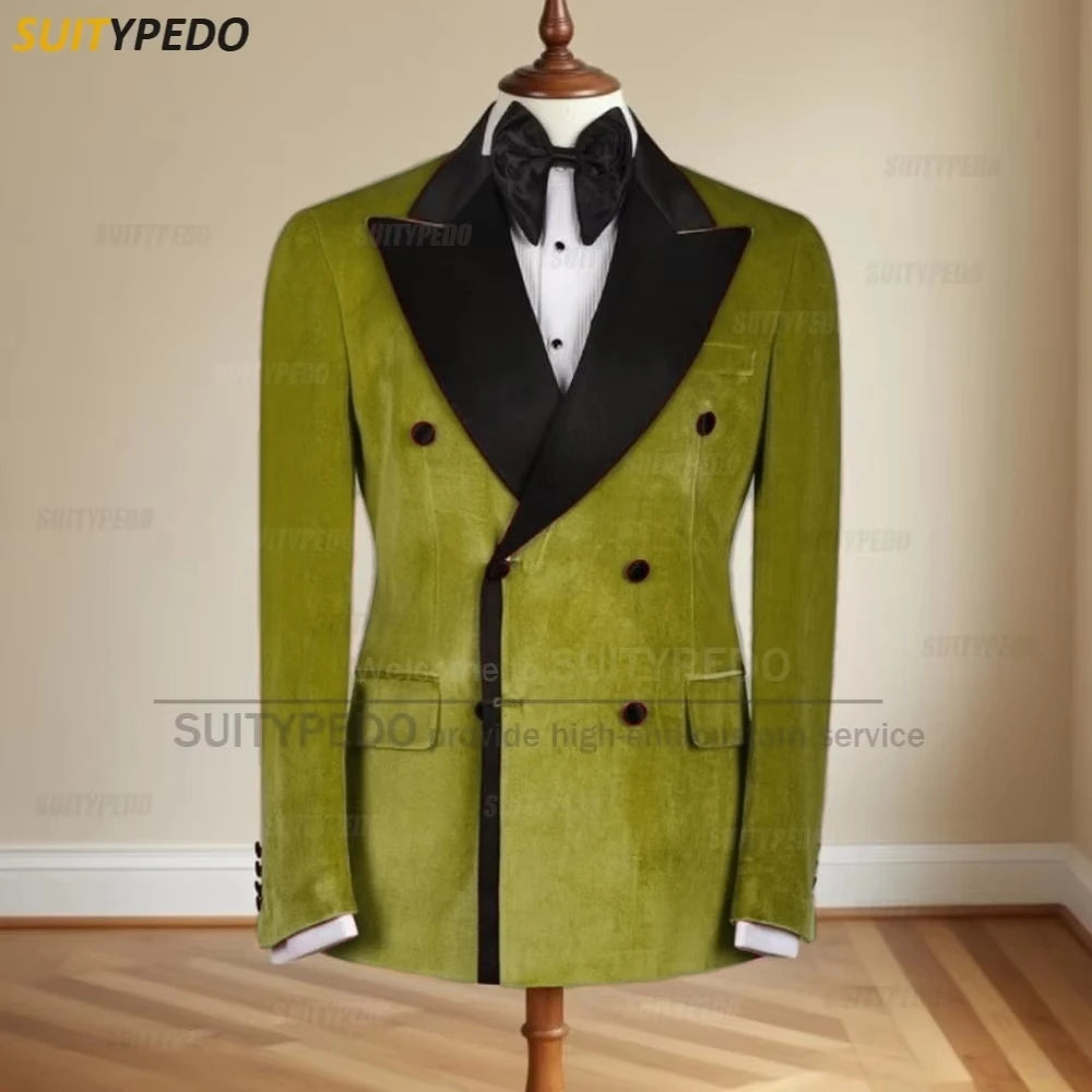 Elegant Velet Peak Lapel Blazers for Men Fashion Brief Double Breasted Office Work Suit Tuxedo Coat 1 Piece Formal Evening Gown