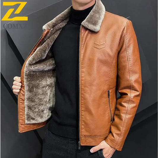 Men's Faux Leather Jacket - Fleece Lined Winter Coat