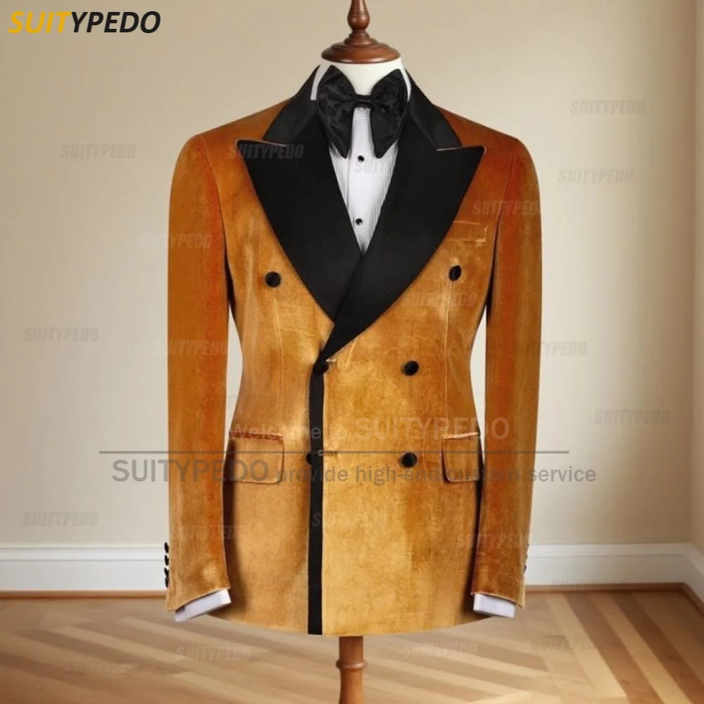Elegant Velet Peak Lapel Blazers for Men Fashion Brief Double Breasted Office Work Suit Tuxedo Coat 1 Piece Formal Evening Gown