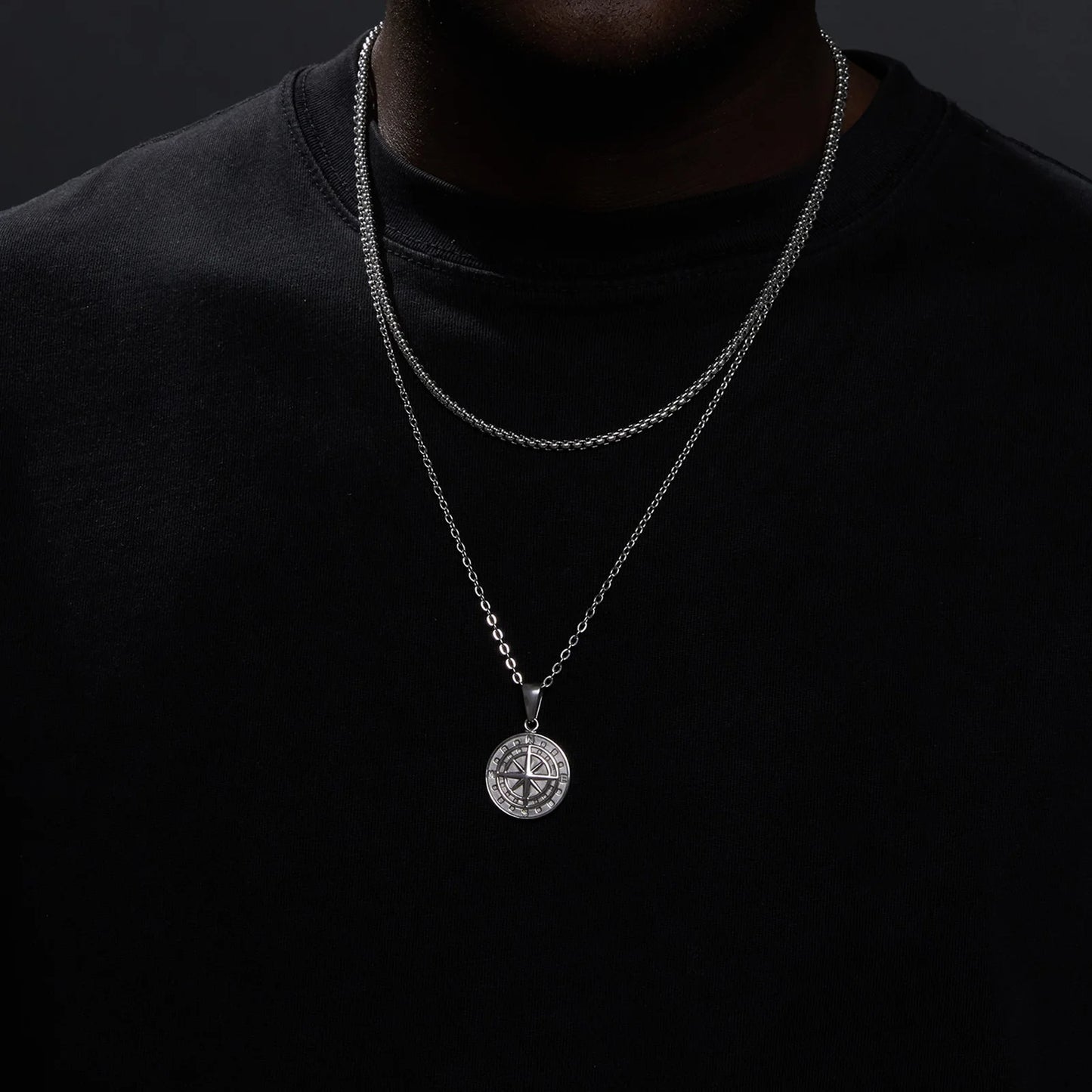 Vnox Layered Necklaces for Men Compass Pendant and Stainless Steel Cuban Figaro Wheat Chain - Casual Retro Collar Style