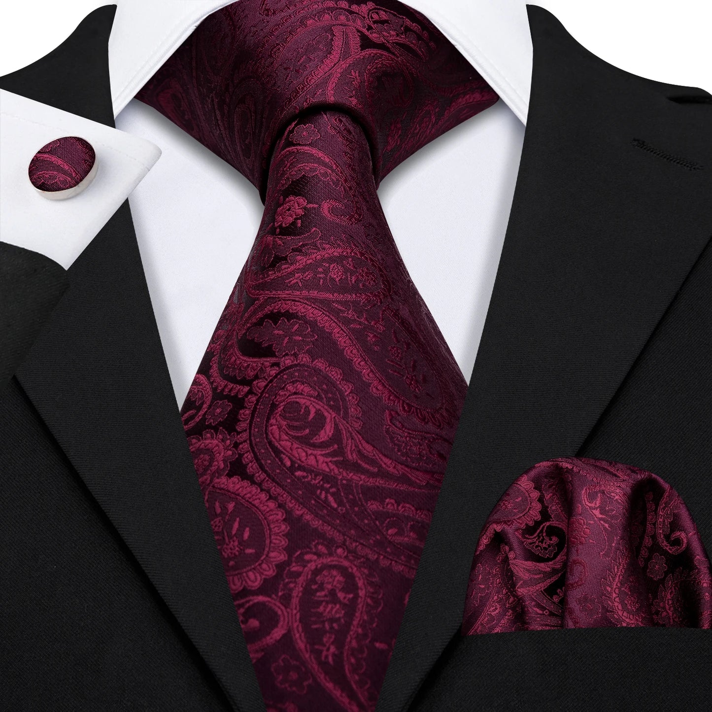 Barry.Wang Red Silk Mens Tie Hanky Cufflinks Set Burgundy Maroon Scarlet Carmine Rose Jacquard Necktie For Male Wedding Party