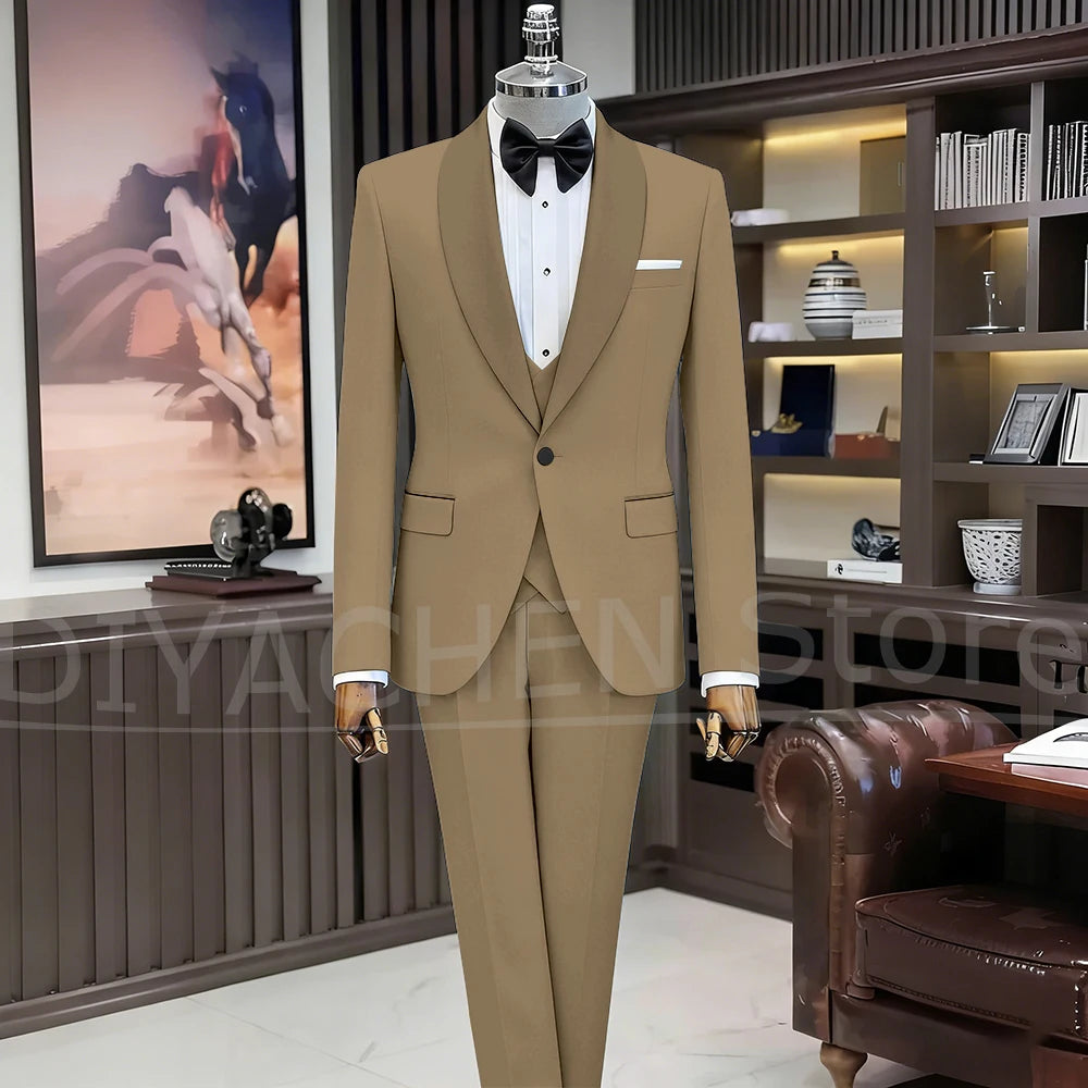 Black Suits for Men Elegant Shawl Lapel One Button Male Suit Slim (Jacket+Vest+Pants) Banquet Prom Wedding Party Tuxedo 3 Piece