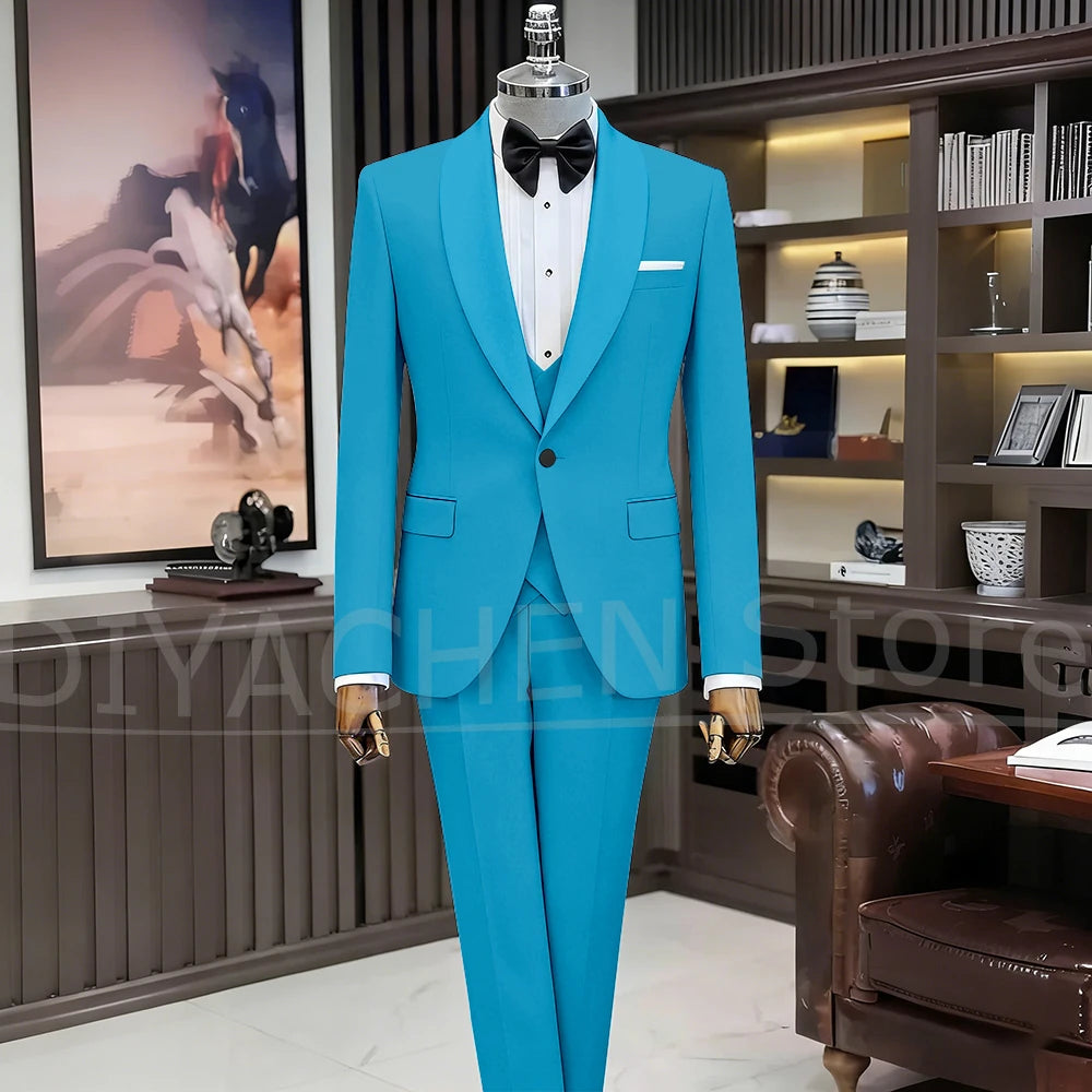 Black Suits for Men Elegant Shawl Lapel One Button Male Suit Slim (Jacket+Vest+Pants) Banquet Prom Wedding Party Tuxedo 3 Piece