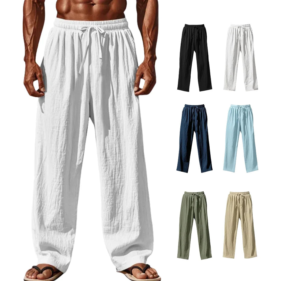 Men's Cotton Linen Casual Pants - Straight Leg Drawstring Trousers