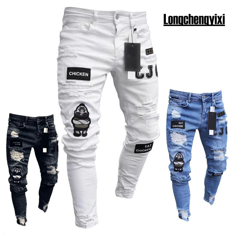 Men's Distressed Stretch Denim Jeans - Slim Fit Casual Pants