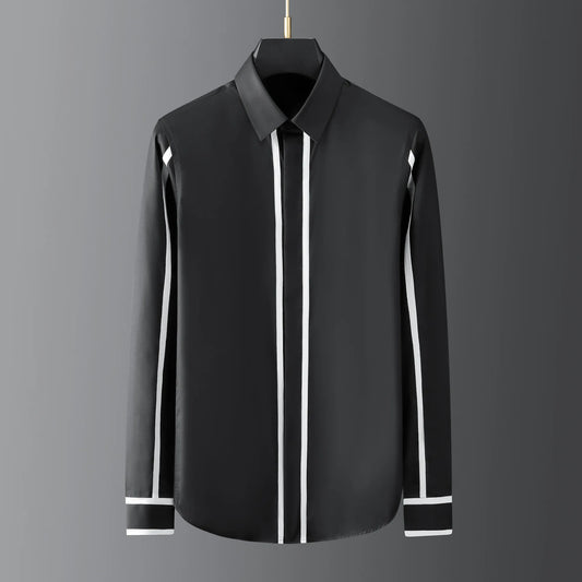 2025 Shirts Men Geometric Webbing Stitching Business Casual Shirt Long Sleeve Formal Dress Shirts Social Party Clothing Camisas