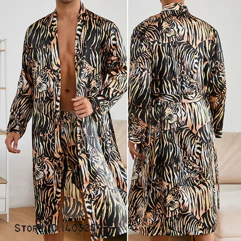 Men's Kimono Bathrobe Set - Luxury Ice Silk Robe & Pajamas