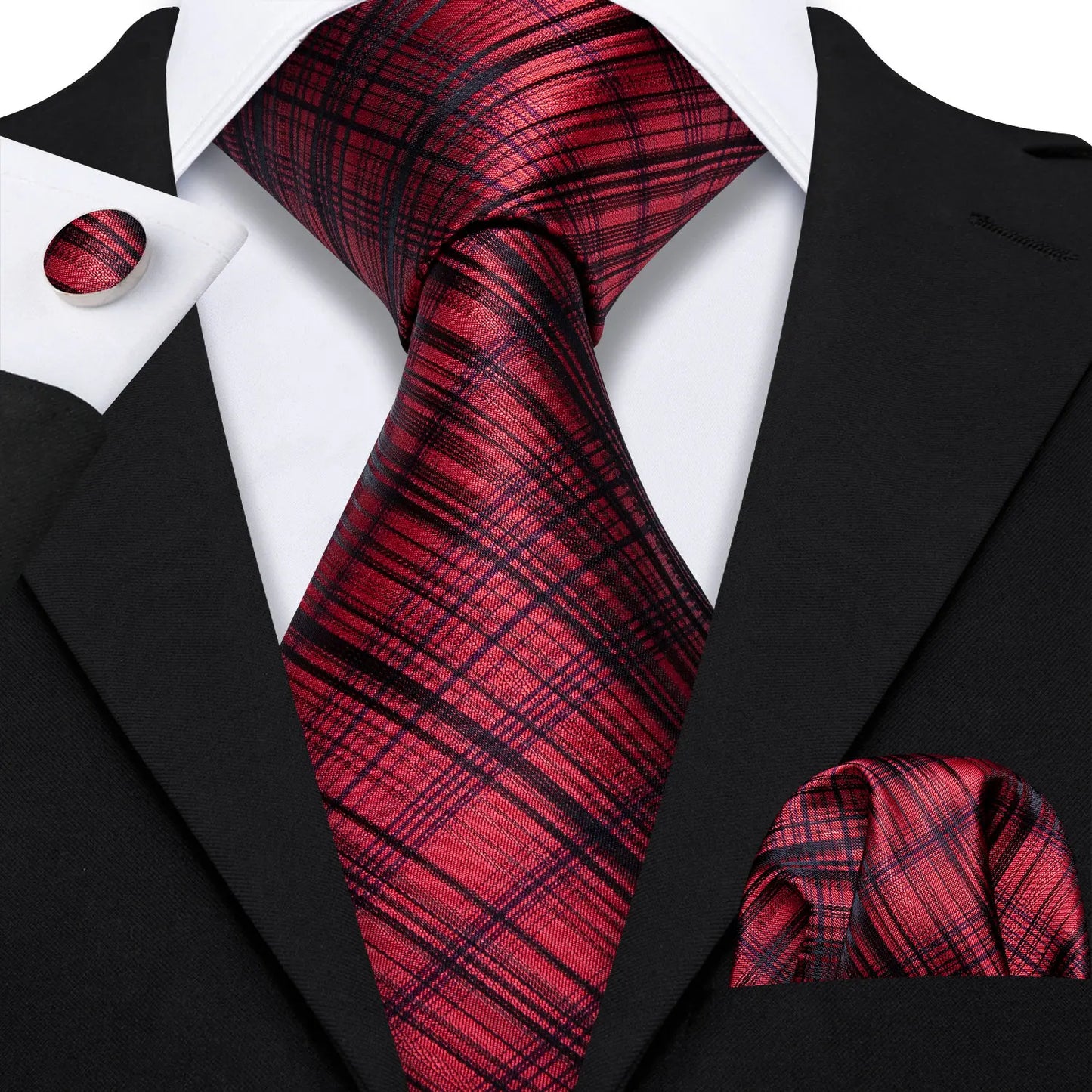 Barry.Wang Red Silk Mens Tie Hanky Cufflinks Set Burgundy Maroon Scarlet Carmine Rose Jacquard Necktie For Male Wedding Party