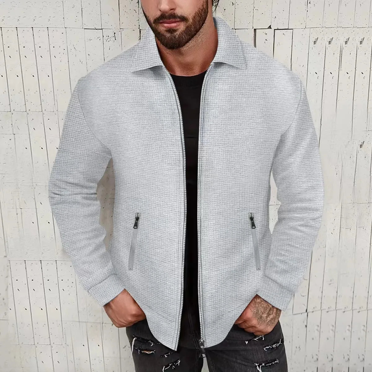 European and American cross-border waffle long-sleeved zipper jacket casual men's autumn coat