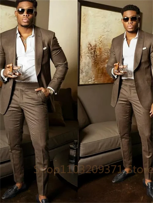 2 Piece Dark Brown Men Business Suit Groom Groomsman Tuxedos Prom Wedding Party Formal Set Jacket And Pants