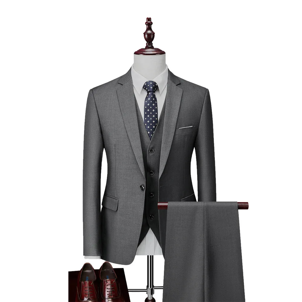 Men Suit Set Simple Solid Color Long Sleeve Male Outfit Single-breasted Slim Business Wedding Versatile Men Three-piece Suits