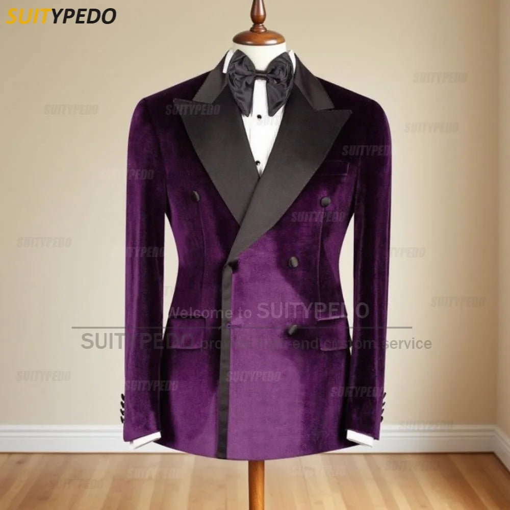 Elegant Velet Peak Lapel Blazers for Men Fashion Brief Double Breasted Office Work Suit Tuxedo Coat 1 Piece Formal Evening Gown