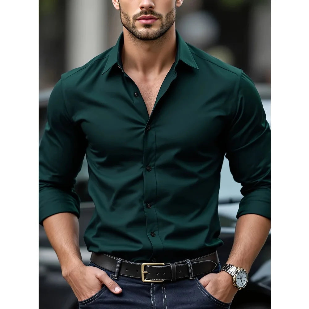 Men's Solid Color Elastic Long Sleeve Four Seasons Smart Casual Business Shirt