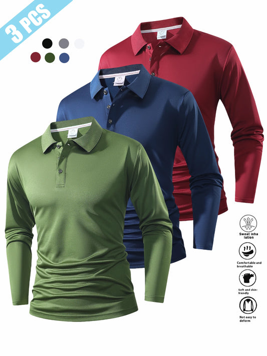 Men's Long Sleeve Shirt in Three-Piece Set, Autumn-Winter Collar Design, Solid Color, Flat Fabric, Multiple Color Options, Casual Business Wear