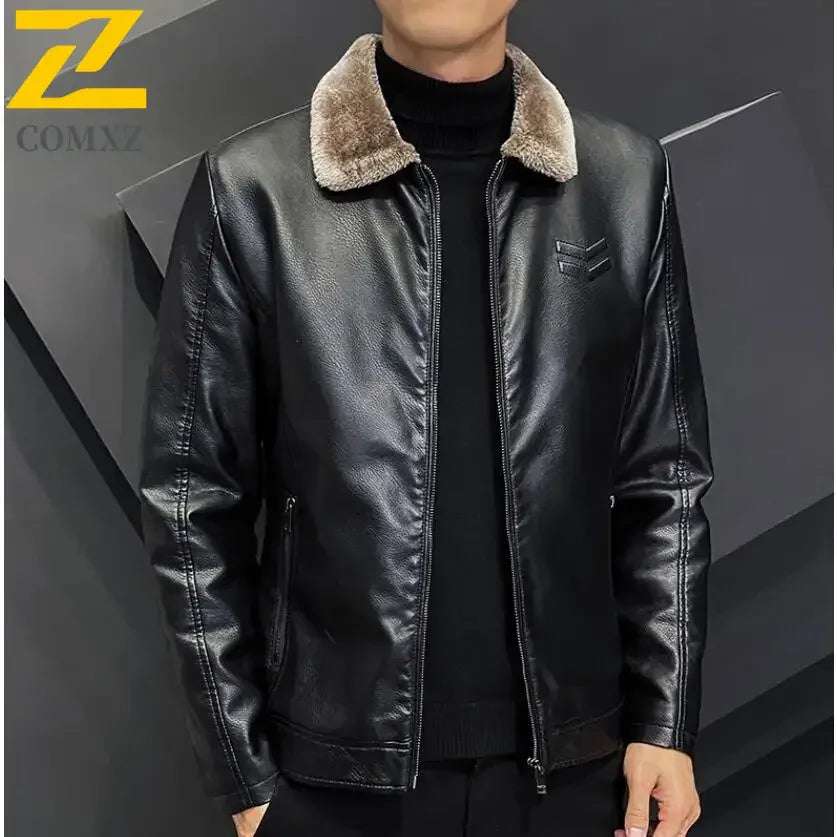 Men's Faux Leather Jacket - Fleece Lined Winter Coat