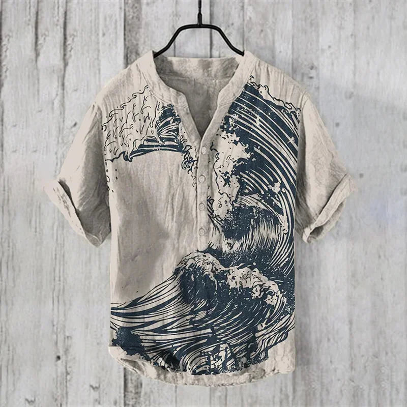 Hawaiian Fish Print Linen Shirt - Unisex Short Sleeve V-Neck
