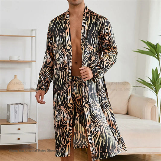 Men's Kimono Bathrobe Set - Luxury Ice Silk Robe & Pajamas