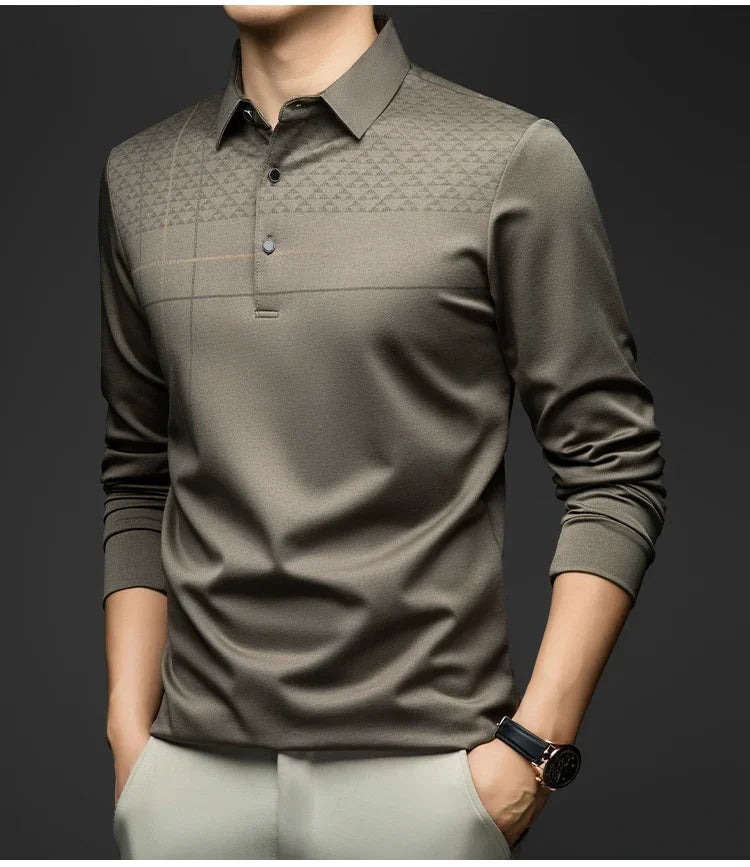 Formal Polo Tshirts Men Graphic Design Long Sleeve Shirt Collar Office Work Polo Tops Man Clothing