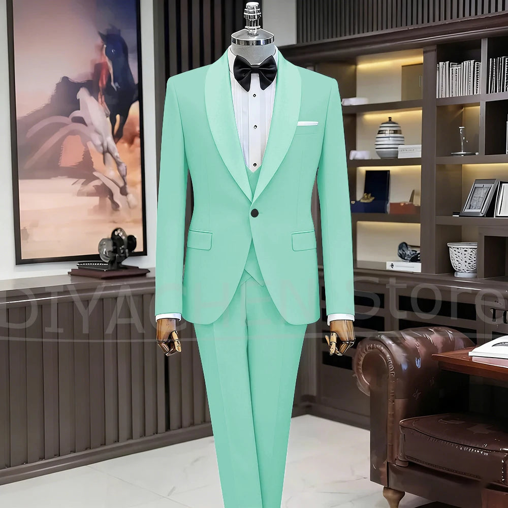 Black Suits for Men Elegant Shawl Lapel One Button Male Suit Slim (Jacket+Vest+Pants) Banquet Prom Wedding Party Tuxedo 3 Piece