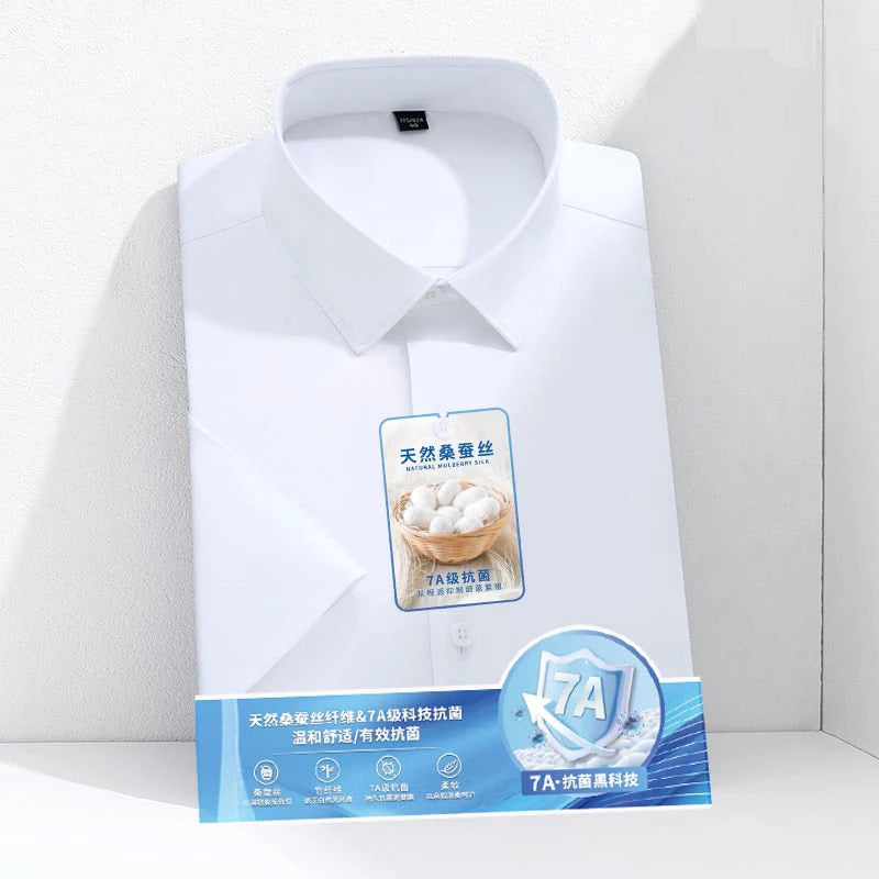 Larger Size S-6XL Mulberry Silk Men's Short  Sleeve Reverse Wrinkle and Cool Comfortable Slim Social Business Formal White Shirt