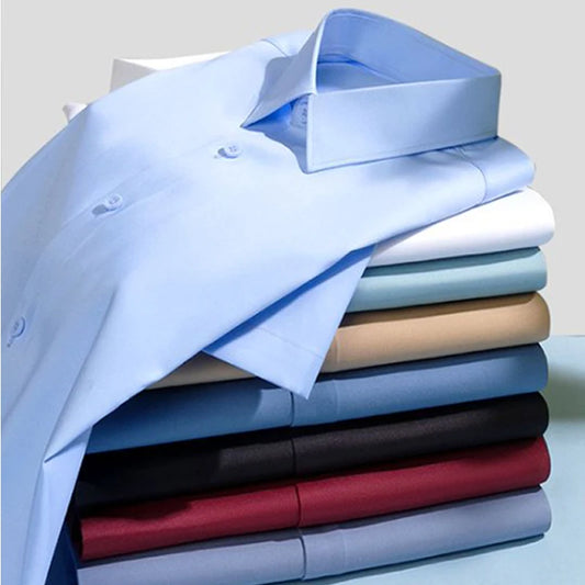 Larger Size S-6XL Mulberry Silk Men's Short  Sleeve Reverse Wrinkle and Cool Comfortable Slim Social Business Formal White Shirt