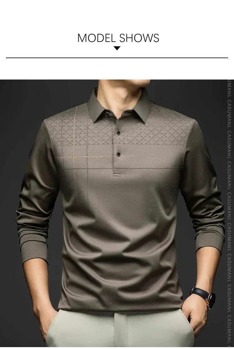Formal Polo Tshirts Men Graphic Design Long Sleeve Shirt Collar Office Work Polo Tops Man Clothing
