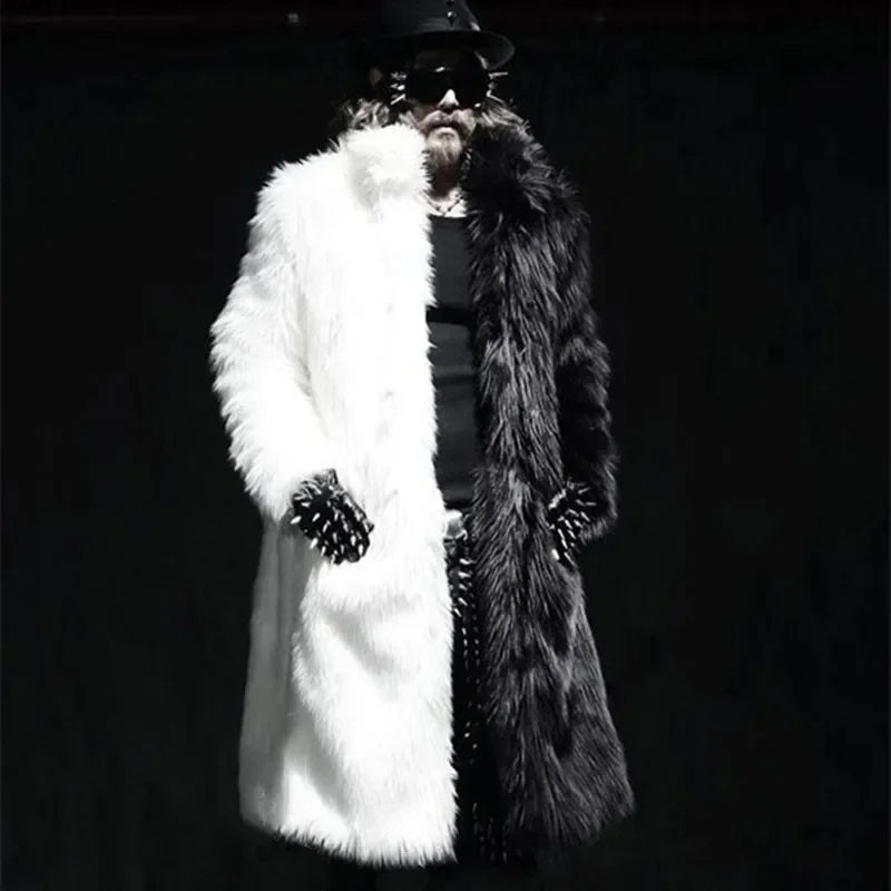 Men's Patchwork Faux Fur Coat - Winter Long Trench Jacket