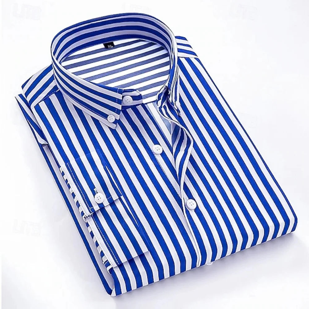 2026 Men's Formal Shirt - Horizontal Stripe Shirt - Buttoned Collar Shirt - Soft Fabrics Shirt - Wedding Style - Black - White -