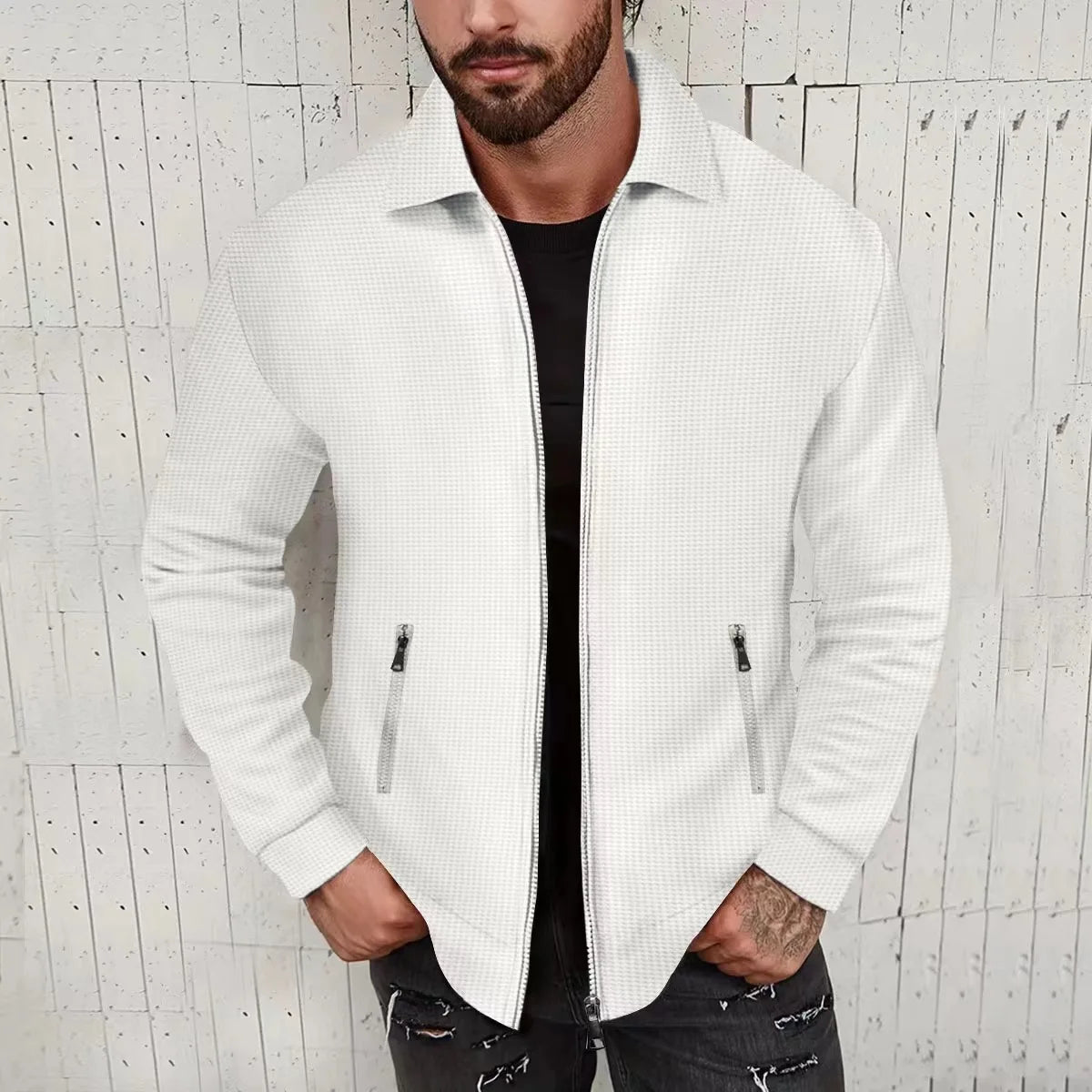 European and American cross-border waffle long-sleeved zipper jacket casual men's autumn coat