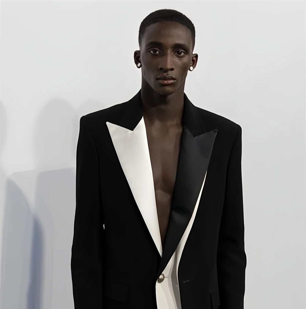 Bespoke Black White Pageant Tailored Fit Jacket, One Button Peak Laple Plus for Men