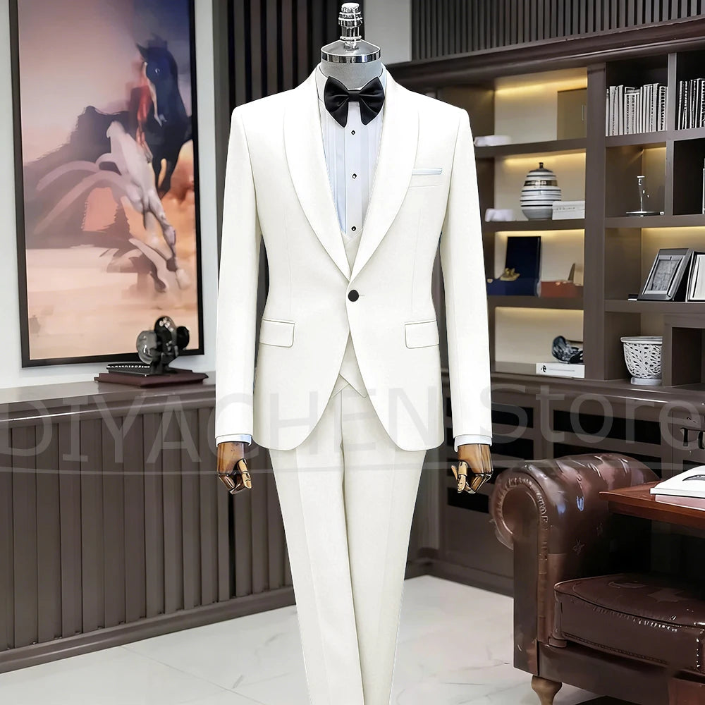 Black Suits for Men Elegant Shawl Lapel One Button Male Suit Slim (Jacket+Vest+Pants) Banquet Prom Wedding Party Tuxedo 3 Piece