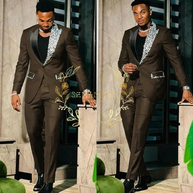 Slim Fit Suit Single Breasted Peak Lapel Blazer High Quality Crystal Prom Party 2 Piece Jacket & Pants for Men