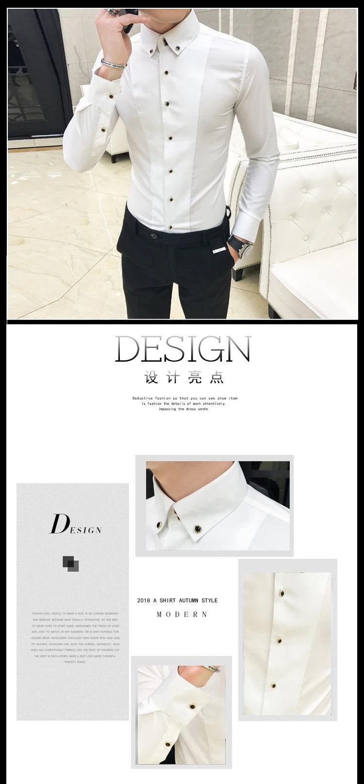 Men's Shirts Luxury Brand New Long Sleeve Elegant Shirts for Men Clothing Slim Fit Casual Mens Dress Shirts Formal Black/White
