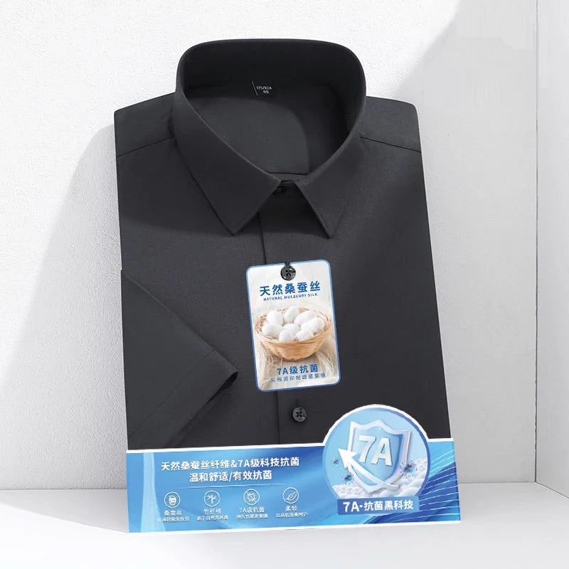 Larger Size S-6XL Mulberry Silk Men's Short  Sleeve Reverse Wrinkle and Cool Comfortable Slim Social Business Formal White Shirt