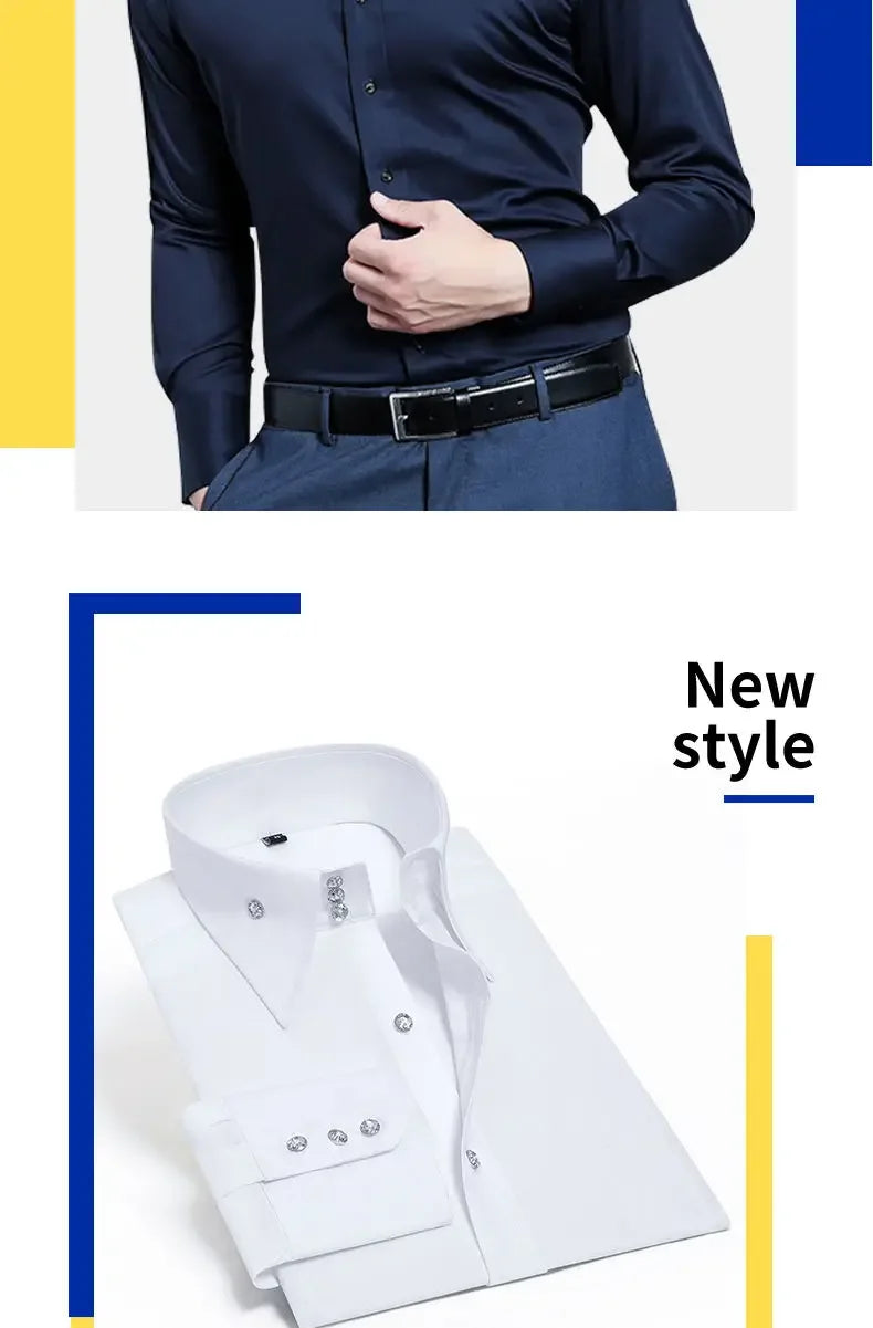 Men's Dress Shirts Non-ironing Formal Collar Shirt Fashion Korean Slim Solid Color Business Casual Shirt White Spring Autumn