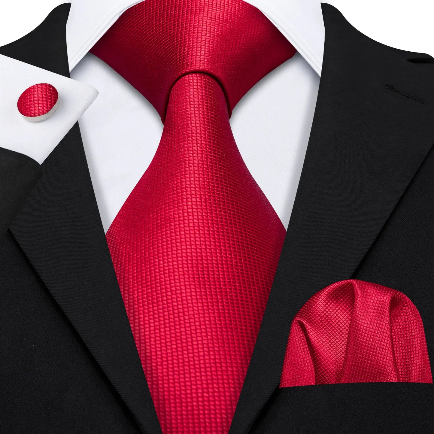 Barry.Wang Red Silk Mens Tie Hanky Cufflinks Set Burgundy Maroon Scarlet Carmine Rose Jacquard Necktie For Male Wedding Party