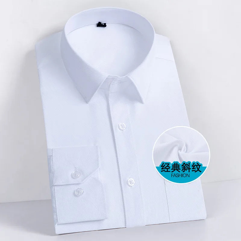 Men Formal Shirt Long Sleeve Office Solid Color Anti-Wrinkle Long Sleeve Shirt Men Casual Fashion Business Office White Shirt