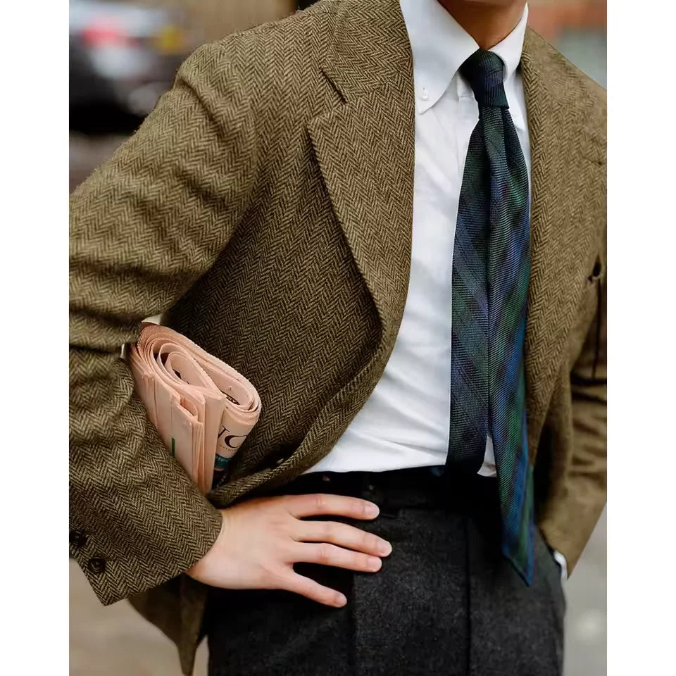 Men's Herringbone Suit Jacket Single Breasted Slim Fit Comfortable Business Blazer Elegant Formal Business Casual Customized