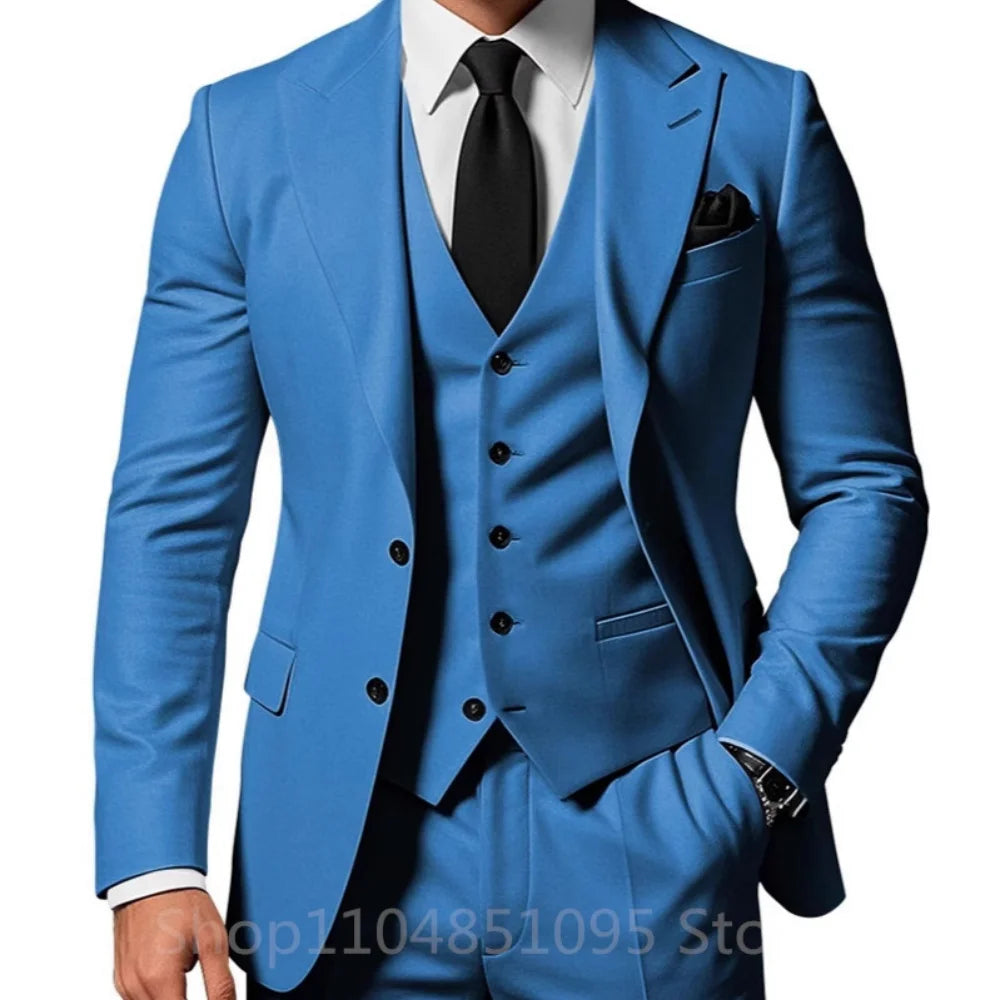 3 Piece Solid Wedding Men Suits Formal Groom Tuxedos Prom Party Male Suits Fashion Men Clothing Set Peak Lapel Jacket Pants Vest